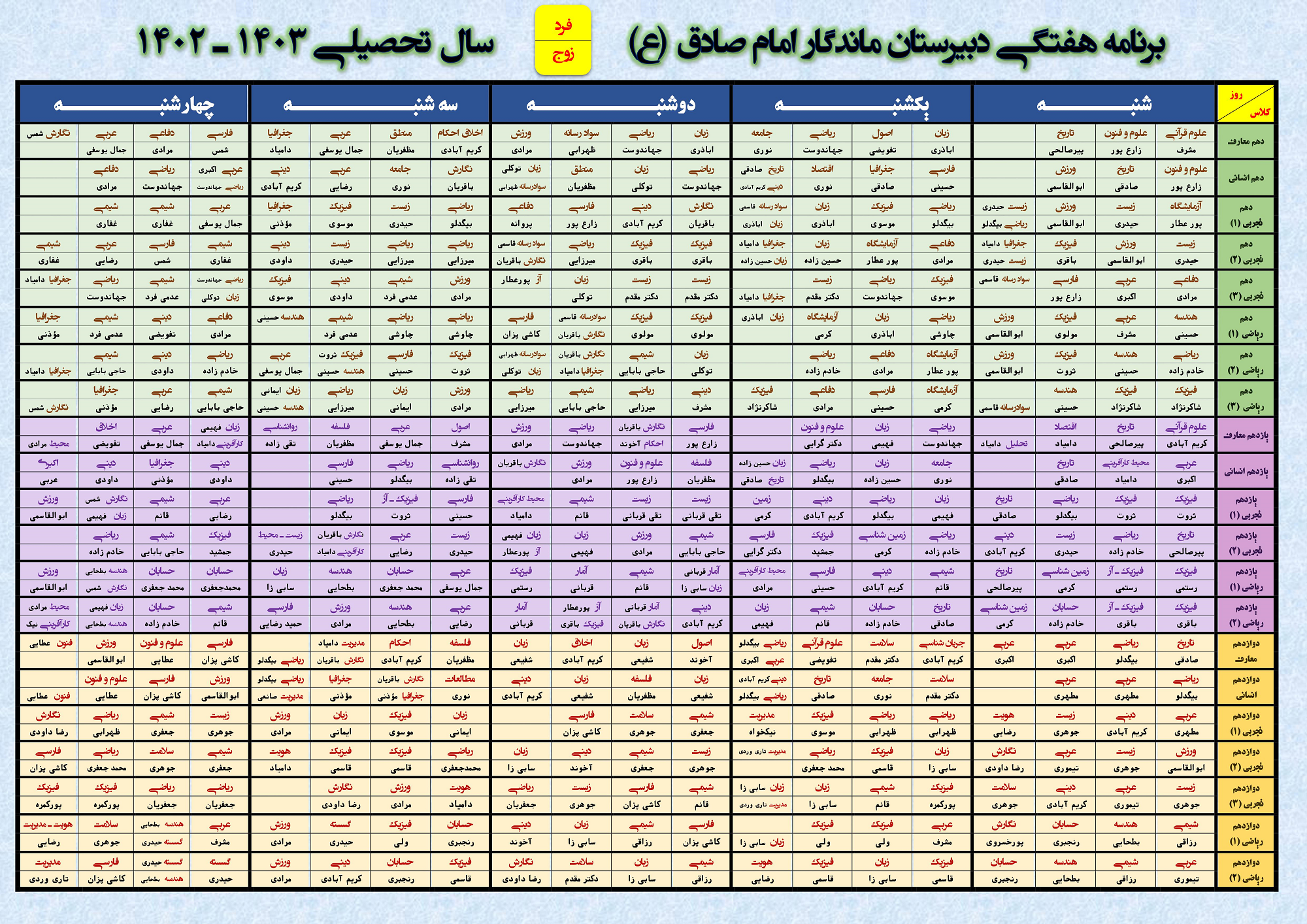 برنامه هفتگی 03-1402 دبیرستان ماندگار امام صادق (ع)